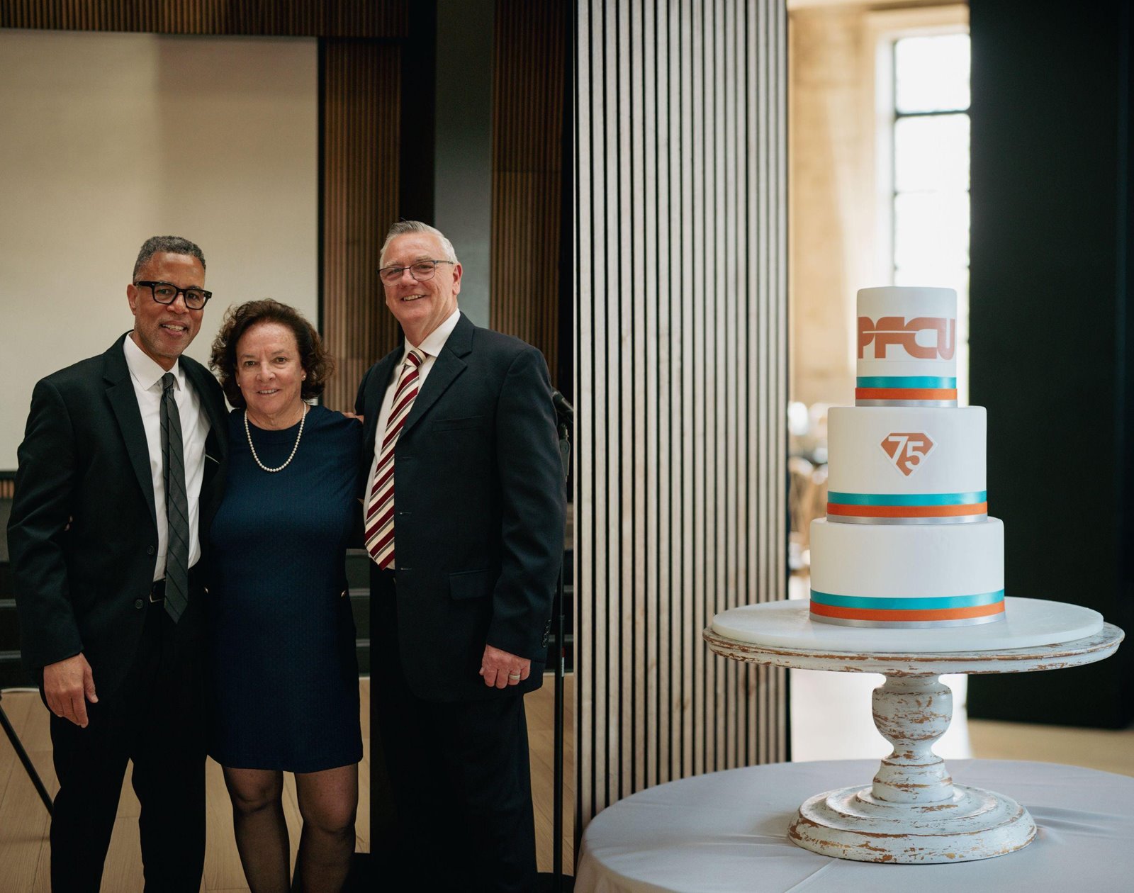 Bernard Lester, PFCU Board Chairman, Patricia Craven, President and CEO, and Joseph F. McHugh Jr., Treasurer, celebrating PFCU's 75 years of service.