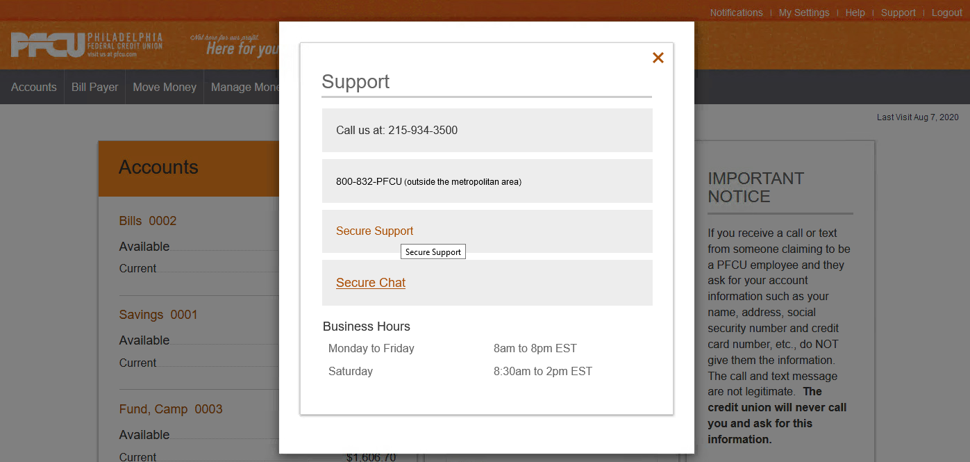 Support information and business hours.