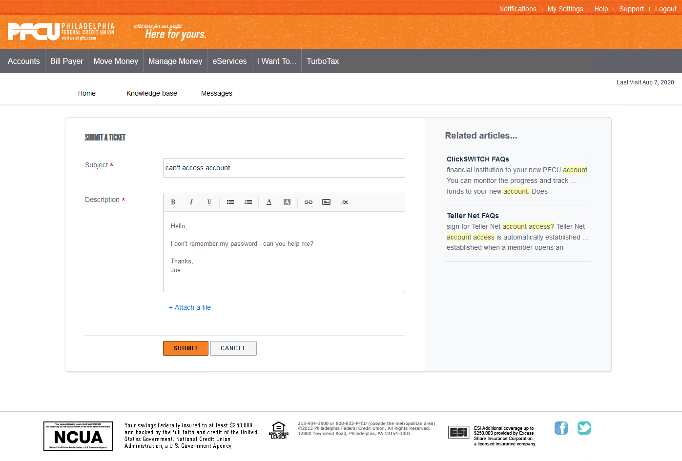 Submit a ticket screen with subject and description fields.