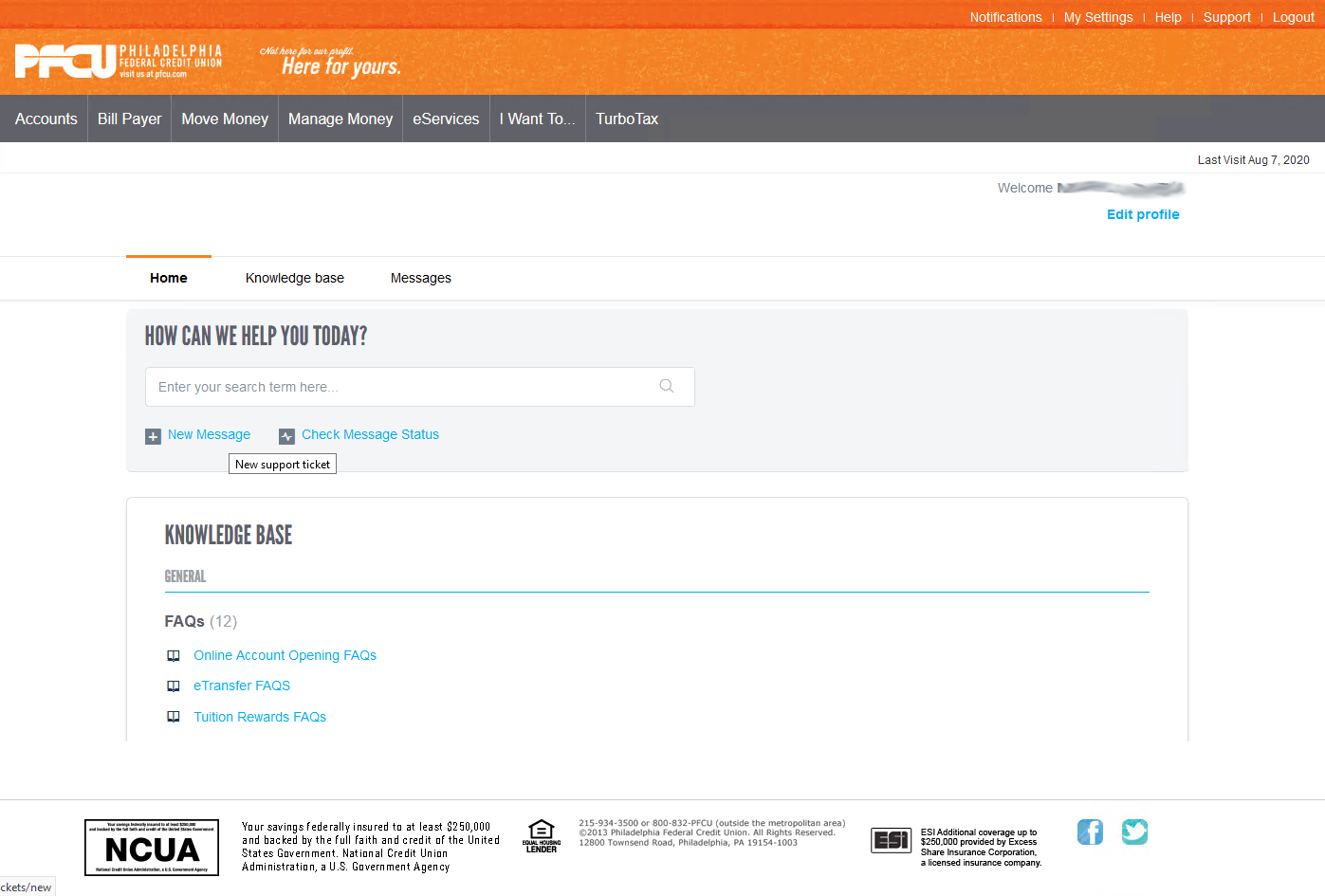 New message screen with place to input information and knowledge base search.